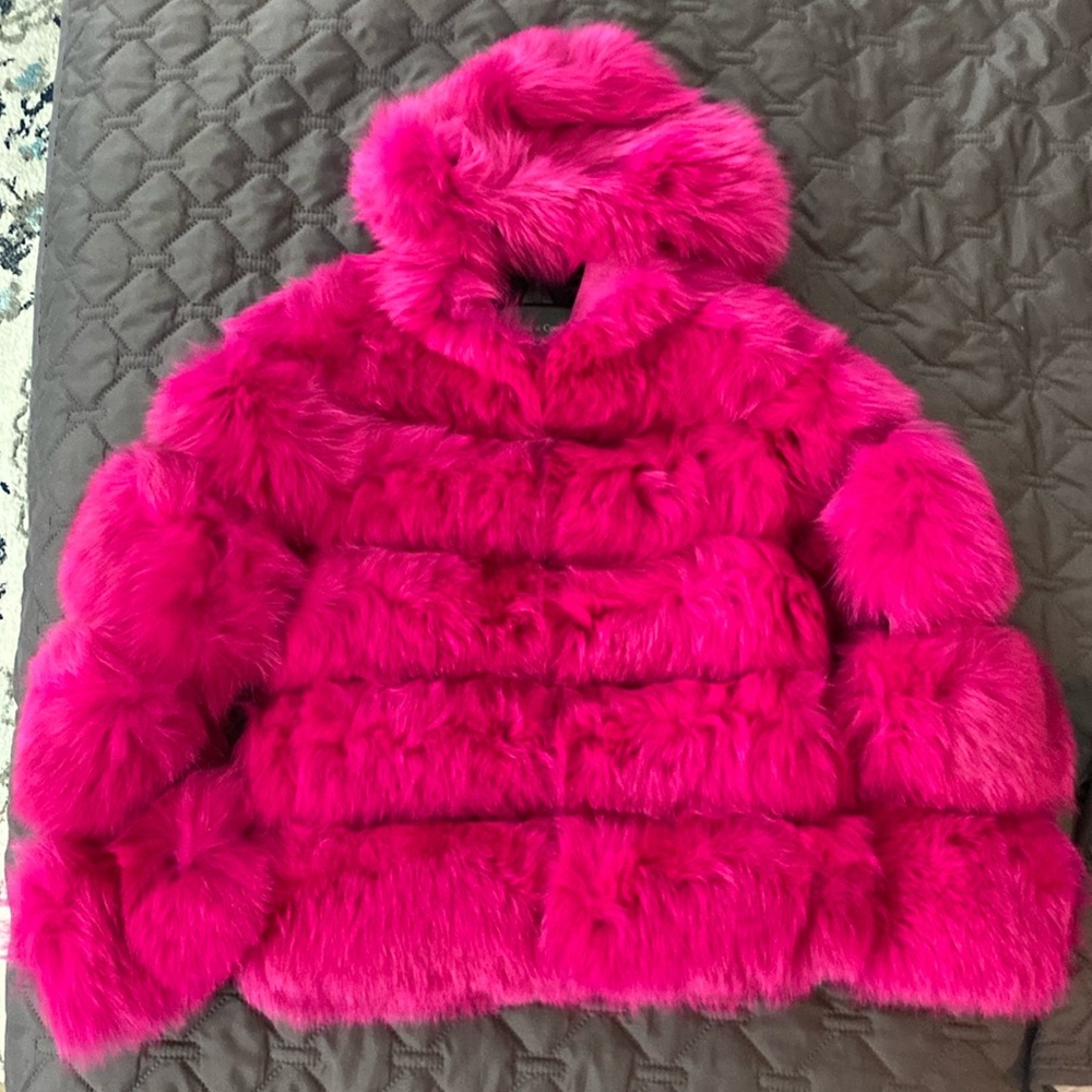 Kids Pink Fox Fur Hooded Jacket